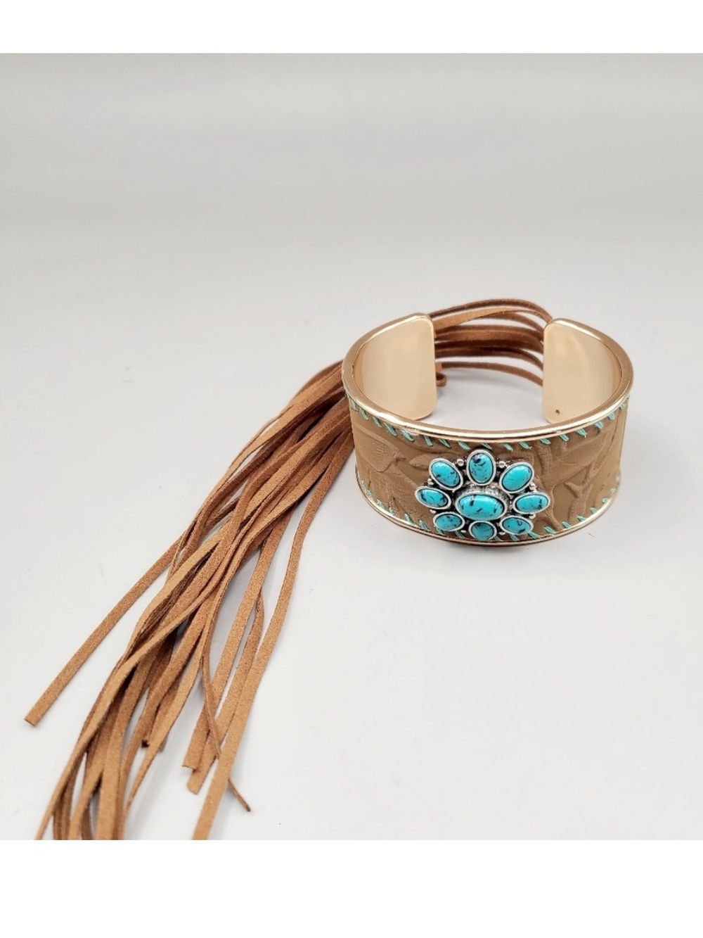 Turquoise Flower Concho Tan Fringe Cuff Bracelet - Picture 3 of 6